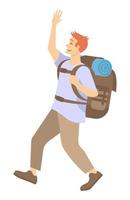trekking aventura semi plano rgb color vector ilustración. joven con mochila de viaje que va a viajar personaje de dibujos animados aislado sobre fondo blanco