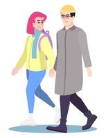 yendo a la fecha en clima frío ilustración de vector de color rgb semi plano. pareja vistiendo ropa de invierno personajes de dibujos animados aislados sobre fondo blanco