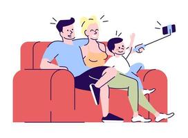 ambiente agradable en la ilustración de vector de color rgb semi plano familiar. familia alegre en el sofá haciendo selfie personajes de dibujos animados aislados sobre fondo blanco