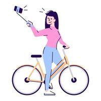 Ilustración de vector de color rgb semi plano de estilo de vida activo. chica en bicicleta sosteniendo selfie stick personaje de dibujos animados aislado sobre fondo blanco