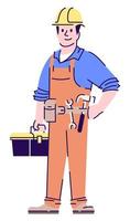 Construction laborer semi flat RGB color vector illustration. Male maintenance mechanic with toolbox isolated cartoon character on white background