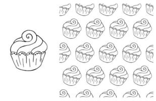 Coloring Cupcake. Set of element and seamless pattern vector