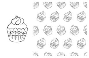 Coloring Cupcake. Set of element and seamless pattern vector