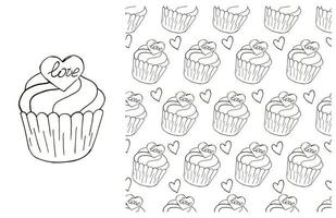 Coloring Cupcake. Set of element and seamless pattern vector