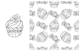 Coloring Cupcake. Set of element and seamless pattern vector