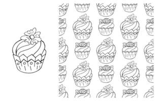 Coloring Cupcake. Set of element and seamless pattern vector