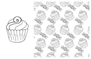 Coloring Cupcake. Set of element and seamless pattern vector