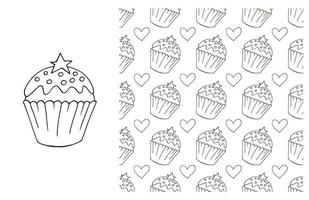 Coloring Cupcake. Set of element and seamless pattern vector