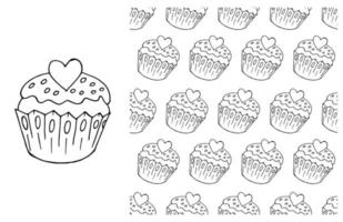 Coloring Cupcake. Set of element and seamless pattern vector