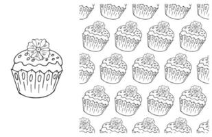 Coloring Cupcake. Set of element and seamless pattern vector