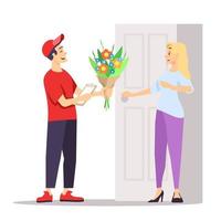 Valentine day gift delivery semi flat RGB color vector illustration. Courier delivering flower bouquet isolated cartoon characters on white background