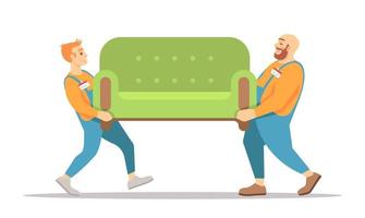 Household goods delivery semi flat RGB color vector illustration. Furniture movers holding green couch isolated cartoon characters on white background