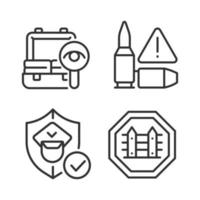 Checkpoint examination linear icons set. Border security. Weapon moving prevention. Customizable thin line contour symbols. Isolated vector outline illustrations. Editable stroke. Pixel perfect