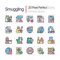 Smuggling RGB color icons set. Illegal import and export. Isolated vector illustrations. Simple filled line drawings collection. Editable stroke. Pixel perfect. Quicksand-Light font used