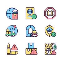 International trading RGB color icons set. Customs officer. Smuggling tunnel. Border security. Isolated vector illustrations. Simple filled line drawings collection. Editable stroke. Pixel perfect