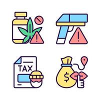 Illegal transportation RGB color icons set. Drugs and armament trading. Smuggling and contraband. Isolated vector illustrations. Simple filled line drawings collection. Editable stroke. Pixel perfect