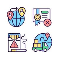 Contraband RGB color icons set. People smuggling. Cigarettes illegal trading. Import restrictions. Isolated vector illustrations. Simple filled line drawings collection. Editable stroke. Pixel perfect