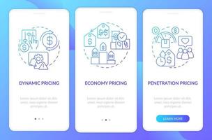 métodos generales de fijación de precios pantalla de aplicación móvil de incorporación de gradiente azul. tutorial 3 pasos páginas de instrucciones gráficas con conceptos lineales. interfaz de usuario, ux, plantilla de interfaz gráfica de usuario. innumerables fuentes pro-negrita y regulares utilizadas vector