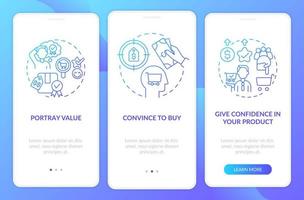 Pricing strategy features blue gradient onboarding mobile app screen. Walkthrough 3 steps graphic instructions pages with linear concepts. UI, UX, GUI template. Myriad Pro-Bold, Regular fonts used vector