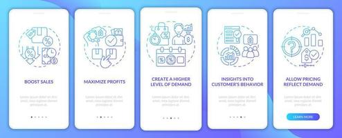 Dynamic pricing pros blue gradient onboarding mobile app screen. Walkthrough 5 steps graphic instructions pages with linear concepts. UI, UX, GUI template. Myriad Pro-Bold, Regular fonts used vector