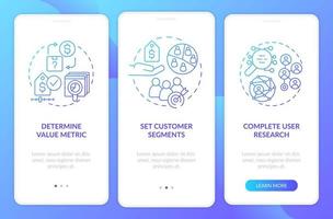 Building pricing strategy blue gradient onboarding mobile app screen. Walkthrough 3 steps graphic instructions pages with linear concepts. UI, UX, GUI template. Myriad Pro-Bold, Regular fonts used vector