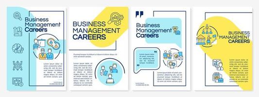 Business management careers blue and yellow brochure template. Booklet print design with linear icons. Vector layouts for presentation, annual reports, ads. Questrial, Lato-Regular fonts used