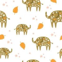 Cute baby elephants with abstract floral ornament in seamless vector pattern