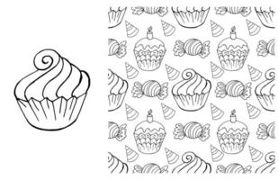 Coloring Cupcake. Set of element and seamless pattern vector