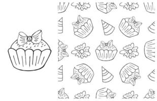 Coloring Cupcake. Set of element and seamless pattern vector