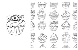 Coloring Cupcake. Set of element and seamless pattern vector