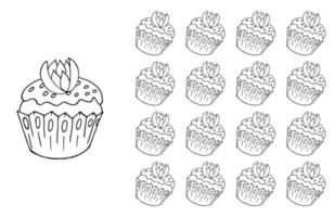 Coloring Cupcake. Set of element and seamless pattern vector