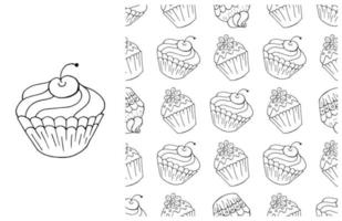 Coloring Cupcake. Set of element and seamless pattern vector