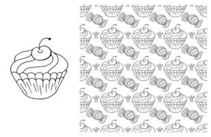 Coloring Cupcake. Set of element and seamless pattern vector