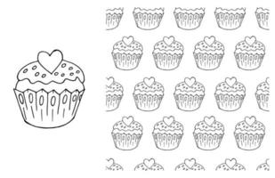 Coloring Cupcake. Set of element and seamless pattern vector