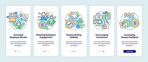 beneficios de la transparencia al incorporar la pantalla de la aplicación móvil. tutorial de negocios 5 pasos páginas de instrucciones gráficas con conceptos lineales. interfaz de usuario, ux, plantilla de interfaz gráfica de usuario. innumerables fuentes pro-negrita y regulares utilizadas vector