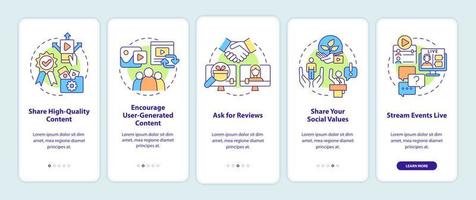 How to build trust on social media onboarding mobile app screen. Business walkthrough 5 steps graphic instructions pages with linear concepts. UI, UX, GUI template. Myriad Pro-Bold, Regular fonts used vector