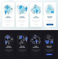 Divorce process night and day mode onboarding mobile app screen. Breakup walkthrough 4 steps graphic instructions pages with linear concepts. UI, UX, GUI template. Myriad Pro-Bold, Regular fonts used vector