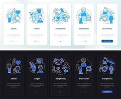 Divorce stages night and day mode onboarding mobile app screen. Mental walkthrough 5 steps graphic instructions pages with linear concepts. UI, UX, GUI template. Myriad Pro-Bold, Regular fonts used vector