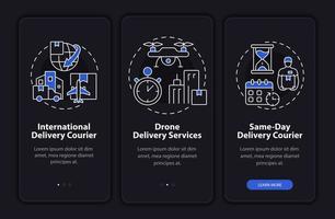 Courier delivery business night theme onboarding mobile app screen. Mailing walkthrough 3 steps graphic instructions pages with concepts. UI, UX, GUI template. Myriad Pro-Bold, Regular fonts used vector