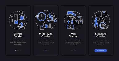 Courier business night theme onboarding mobile app screen. Delivering walkthrough 4 steps graphic instructions pages with linear concepts. UI, UX, GUI template. Myriad Pro-Bold, Regular fonts used vector