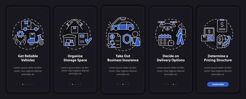 How to start courier business night theme onboarding mobile app screen. Posting walkthrough 5 steps graphic instructions pages with concepts. UI, UX, GUI template. Myriad Pro-Bold, Regular fonts used vector