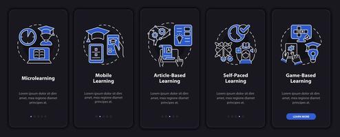 Elearning methods night mode onboarding mobile app screen. Walkthrough 5 steps graphic instructions pages with linear concepts. UI, UX, GUI template. Myriad Pro-Bold, Regular fonts used vector