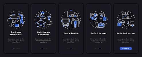 Taxi business types night theme onboarding mobile app screen. Shipment walkthrough 5 steps graphic instructions pages with linear concepts. UI, UX, GUI template. Myriad Pro-Bold, Regular fonts used vector