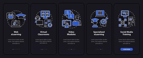 Elearning types night mode onboarding mobile app screen. Online study walkthrough 5 steps graphic instructions pages with linear concepts. UI, UX, GUI template. Myriad Pro-Bold, Regular fonts used vector