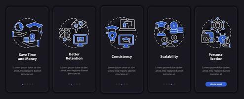 Advantages of elearning night mode onboarding mobile app screen. Walkthrough 5 steps graphic instructions pages with linear concepts. UI, UX, GUI template. Myriad Pro-Bold, Regular fonts used vector