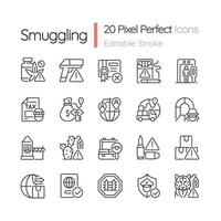 Smuggling linear icons set. Illegal import and export. Customizable thin line contour symbols. Isolated vector outline illustrations. Editable stroke. Pixel perfect. Quicksand-Light font used