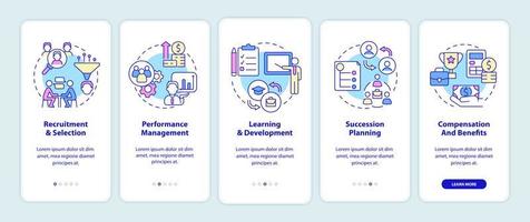 HR management basics onboarding mobile app screen. Recruitment process walkthrough 5 steps graphic instructions pages with linear concepts. UI, UX, GUI template. Myriad Pro-Bold, Regular fonts used vector
