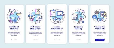 HR management basics onboarding mobile app screen. Recruitment process walkthrough 5 steps graphic instructions pages with linear concepts. UI, UX, GUI template. Myriad Pro-Bold, Regular fonts used vector
