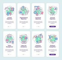 HR and business management onboarding mobile app screen set. Walkthrough 4 steps graphic instructions pages with linear concepts. UI, UX, GUI template. Myriad Pro-Bold, Regular fonts used vector