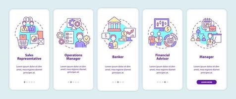 Business management careers onboarding mobile app screen. Walkthrough 5 steps graphic instructions pages with linear concepts. UI, UX, GUI template. Myriad Pro-Bold, Regular fonts used vector